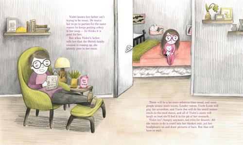  A bedroom door opens to a living room. In the living room, a man with light skin tone reads in a lounge chair. In the bedroom, a girl with light skin tone in pink pyjamas is on the bed with a stuffed animal. The text says Violet’s dad wants her to try new things. She knows he isn’t trying to be mean. He wants them to go to a family reunion. She is overwhelmed thinking about the people and noises that will be there. She goes to her room without dessert. She wants to hide and draw while listening to music. 