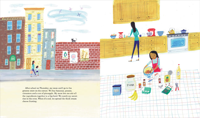  This image is a double page spread. To the left, a woman with light skin tone is in a classroom. Text reads: It is so nice to meet you, says Miss Shelby. Her voice is soft and slow, like her words are stuck together with syrup. To the right is a shape of Texas, a busy street with skyscrapers, and a subway. Text reads: Miss Shelby tells us that she is from Texas. She says this is the first time she has lived in a city full of skyscrapers. We laugh when she tells us about her first trip on the subway. 