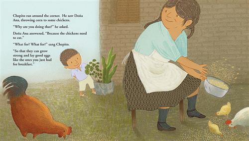  A woman with medium skin tone sits on a stool behind a house. Chickens and chicks are at her feet. She throws corn from a bowl onto the ground. A boy with medium skin tone peeks around the brick wall. Text: Chepito ran around the corner. He saw Doña Ana, throwing corn to some chickens. “Why are you doing that?” he asked. Doña Ana answered, “Because the chickens need to eat.” “What for? What for?” sang Chepito. “So that they can grow strong and lay good eggs like the ones you just had for breakfast.” 