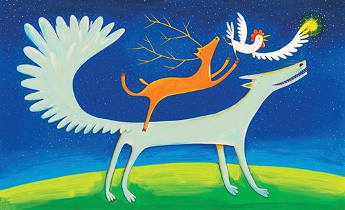  It is nighttime. A light blue wolf has a reindeer on its back. The reindeer is on its hind legs and is holding a rooster with one front leg. The rooster is reaching a wing out to the brightest yellow star in the night sky. 