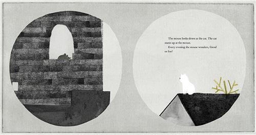  This image is in shades of black and white. This image is a double page spread. To the left is a mouse in a brick tower, sitting on a window ledge. To the right is a white cat sitting on the roof of a house. Text: The mouse looks down at the cat. The cat stares up at the mouse. Every evening the mouse wonders, friend or foe? 