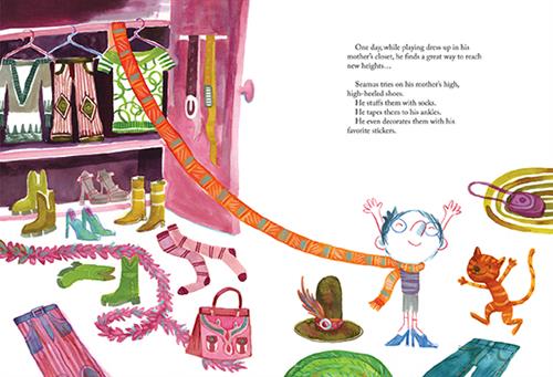  A closet door opens into a white space. Clothes, shoes, and accessories are strewn on the ground. A scarf from a rack wraps around a boy’s neck. He has light skin tone, blue hair, and blue high heels on. His hands are up. A cat has its arms up. Text: One day, while playing dress up in his mother’s closet, he finds a great way to reach new heights… Seamus tries on his mother’s high, high-heeled shoes. He stuffs them with socks. He tapes them to his ankles. He even decorates them with his favourite stickers. 