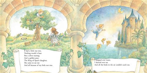  To the left is an arch. Behind, a girl with light skin tone under a tree has a basket. A boy with light skin tone in the tree has a pear. The text is a rhyme about a little nut tree with silver nutmeg and a golden pear that the King of Spain’s daughter went to visit. To the right is an arch attached to the first. Behind is water and a castle lined with bushes. A boy with light skin tone and three fish fly above. Text: I skipped over water, I danced over sea and all the birds in the air couldn’t catch me. 