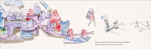  This image is a double page spread. To the left is a collage scene in purple, blue, and red. It shows buildings, stairs, bridges, parking meters, and two children flying. To the right, the image is in shades of black and white. A boy and a girl fly to the ground beside a fire hydrant. The boy has a small blue cape on. Text: They conquered all evil in their path, until suddenly Super Ferdinand’s rockets ran out of fuel. 