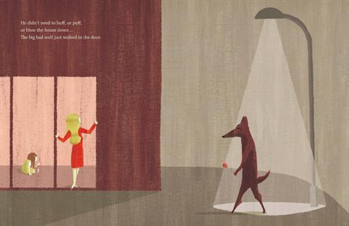  It is nighttime. A streetlight lights a section of sidewalk, where a wolf walks upright on his hind legs. He has a rose in one hand. In front of him is a red building with tall window-like doors. In the door is a woman with light skin tone and blonde hair in a red dress. She holds either side of the door. Behind her is a child with light skin tone and brown hair playing with a doll on the floor. Text: He didn’t need to huff, or puff, or blow the house down… The big bad wolf just walked in the door. 