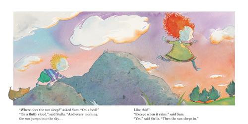  Two large rocks are in a field. A boy and a girl with light skin tone climb and jump off of the rocks. The girl has red hair and the boy has blond hair. A brown dog climbs the rock behind the boy. The sky is purple and orange behind them. Text: “Where does the sun sleep?” asked Sam. “On a bed?” “On a fluffy cloud,” said Stella. “And every morning, the sun jumps into the sky… Like this!” “Except when it rains,” said Sam. “Yes,” said Stella. “Then the sun sleeps in.” 