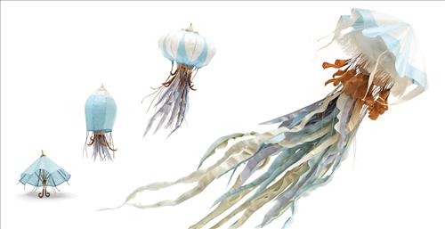  Through a series of four photographic scenes, a light blue umbrella transforms into a large jellyfish made of paper materials. 