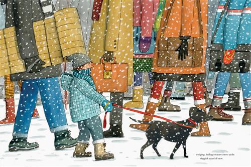  It is snowing. Adults walk a crowded sidewalk in winter clothes with their heads out of frame. A child with light skin tone walks their dog in the snow. The child is wearing a snow suit and winter accessories. The adults are carrying briefcases and satchels. One carries a sled. Text: trudging, huffing creatures move at the sluggish speed of snow. 