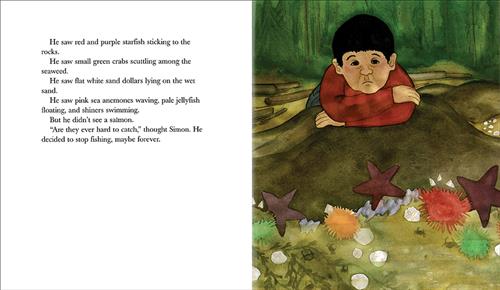  A boy with medium skin tone and dark hair lies on a rock and leans on his forearms. He looks down into a shallow pool of water that has starfish, sea anemones, crabs, sand dollars, jellyfish, and seaweed in it. The text says that he sees all of these small sea creatures, but he does not see a salmon. He thinks they are very hard to catch, and he decides to stop fishing. 