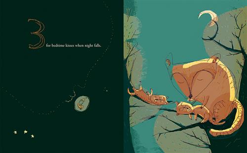  This image is a double page spread. To the left it is nighttime. In the sky is an arrangement of stars that make the outline of a person’s face. The lips are the brightest stars. They are pursed toward a circle with a person lying in it. Text: 3 for bedtime kisses when night falls. To the right it is nighttime. Three animals, two small and one large, sit and lie in the branches of two trees. They have orange fur. Their eyes are closed. The moon is in the sky. 