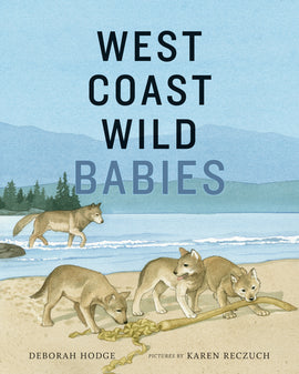  Water laps at a sandy shore. A wolf walks through the shallow water. Three wolf pups play with a long stick on the sand. Beyond the water are trees and hills. Text: West Coast Wild Babies. Deborah Hodge. Pictures by Karen Reczuch. 