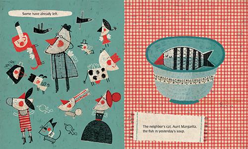  This image is a double page spread. To the left, a man, a woman, and a child are in a yard. Around them are various animals. Text: Some have already left. To the right is a bowl with a fish in it, on a tablecloth. Text: The neighbor’s cat, Aunt Margarita, the fish in yesterday’s soup. 