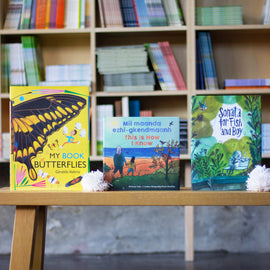  A photo of three picture books sitting upright on a wooden bench. The books are: Mii maanda ezhi-gkendmaanh / This Is How I Know, Sonata for Fish and Boy, and My Book of Butterflies.  