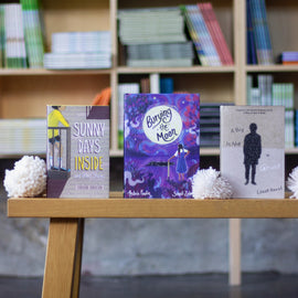  A photo of three books sitting upright on a wooden bench. Pompoms made of off-white, thick yarn sit next to the books. The books include: Burying the Moon, A Boy Is Not a Ghost, and Sunny Days Inside. 